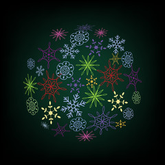 Christmas toy background with multicolored snow flakes