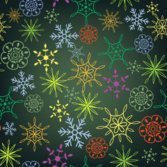 Background with multicolored bright snow flakes