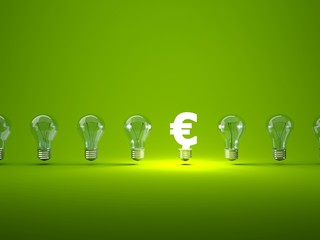 Luminous euro sign  with light bulbs
