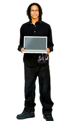 Portrait of a man showing laptop