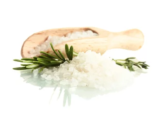 Zelfklevend Fotobehang salt with fresh rosemary and thyme isolated on white © Africa Studio