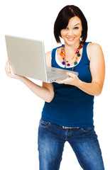 Portrait of woman holding laptop