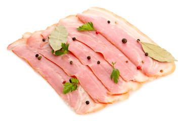 tasty bacon with spices, isolated on white