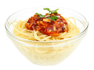 Italian spaghetti in glass bowl isolated on white