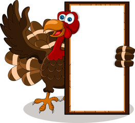 happy turkey cartoon with blank board