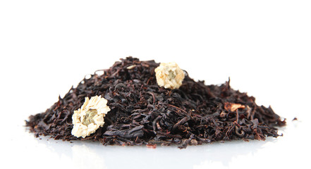 Fototapeta premium aromatic black dry tea with flowers, isolated on white