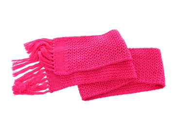 Pink knitted scarf isolated on white.