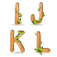 wood alphabet with branch green leaves, Vector