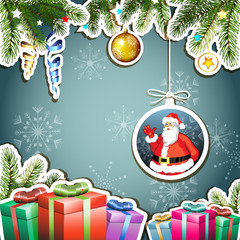 Christmas card with gifts and Santa