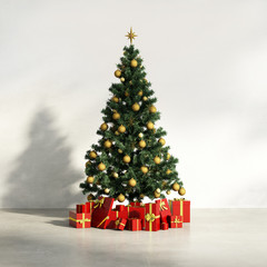 Decorated Christmas tree with red gifts, holiday interior