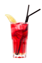 red cocktail with strawberry and a lime