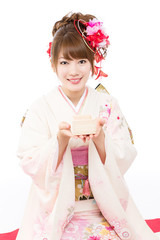 Beautiful japanese kimono woman on white background