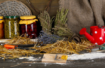 Mousetrap with a piece of cheese in barn on wooden background