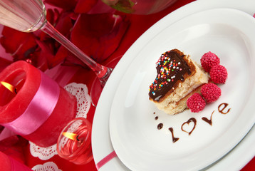 Plate with dessert in form of heart