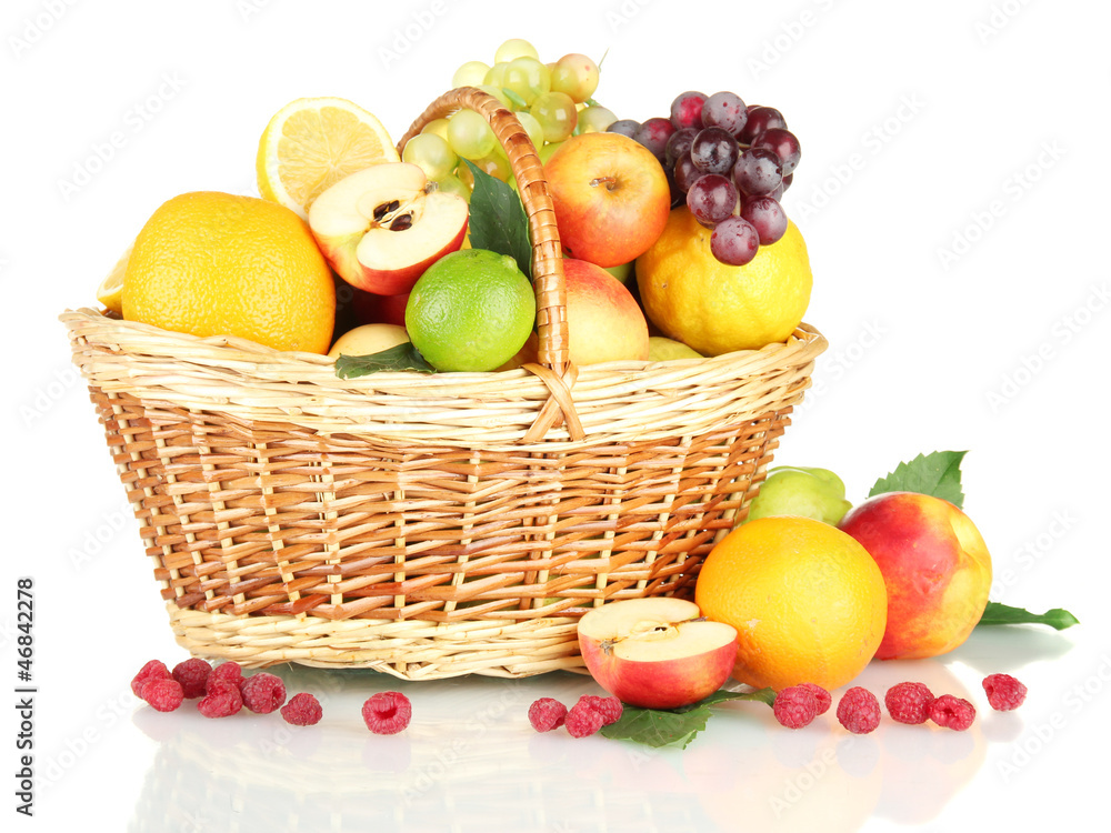 Sticker assortment of exotic fruits in basket, isolated on white