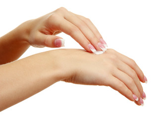 Fototapeta premium Beautiful woman hands with cream, isolated on white