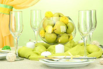 beautiful holiday table setting with apples, close up