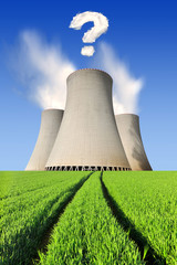 Nuclear power plant with question mark from clouds