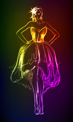 Hand-drawn fashion model from a neon. A light girl's