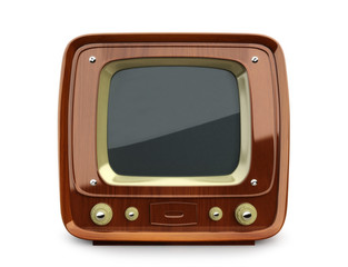 Retro wooden TV, front view on a white background