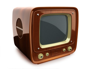 Retro wooden TV, side view on a white background