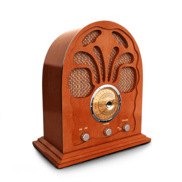 Retro vintage wood radio on a white background