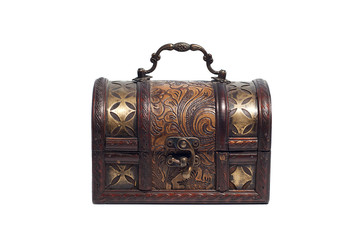 wooden chest with golden ornaments isolated on white background
