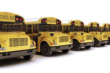 School buses in a row isolated on a white background
