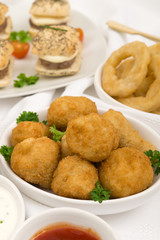 Party Food - Breaded mushrooms, onion rings & mini cheeseburgers