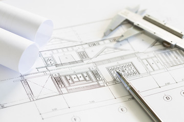 Naklejka na ściany i meble Construction plans and drawing tools on blueprints