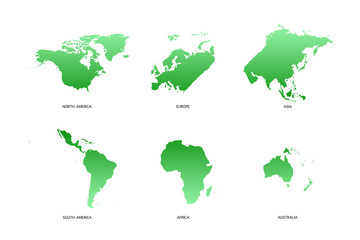 World Map 6 continents on white background