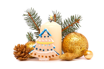 Christmas decorations and advent candle on white background.