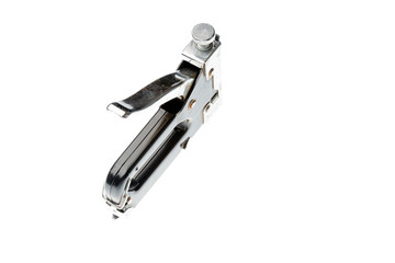 Industrial black stapler gun isolated on white background.