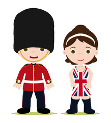 England Royal guard and girl with Union Jack dress