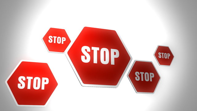 Animated stop sign jumping into the screen over white background
