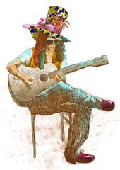joueur de guitare, dessin à la main