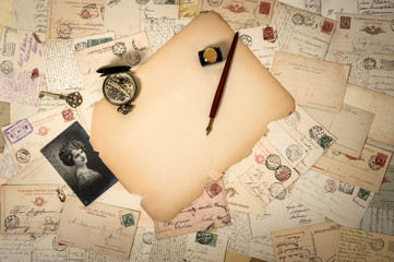 antique paper, old accessories and postcards