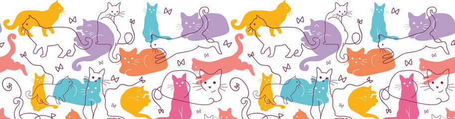 Vector Colorful Cats Horizontal Seamless Pattern Ornament. Cute,