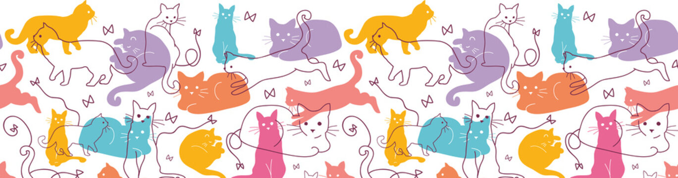 Vector Colorful Cats Horizontal Seamless Pattern Ornament. Cute,