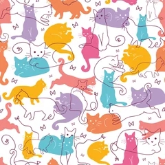 Foto op Canvas Vector kleurrijke katten naadloze patroon achtergrond. Schattig, hand © Oksancia