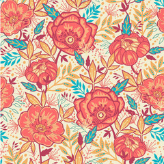 Vector Bright Garden Flowers Seamless Pattern With Red Peonies