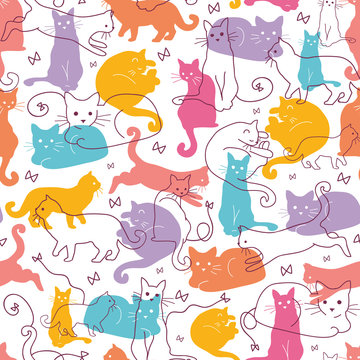 Vector Colorful Cats Seamless Pattern Background. Cute, hand