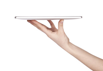 side view of tablet computer with hand