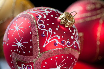 Close-up of bright Christmas balls, horizontal shot