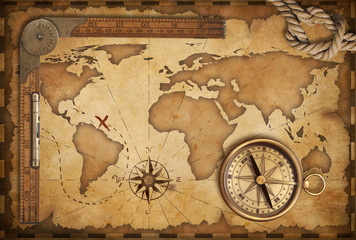 Fototapeta na wymiar wieku skarb mapę, linijka, lina i stary kompas mosiądzu still life
