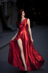 Young Beauty Famous Woman In Red Dress Outdoor