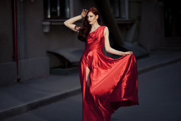 Young Beauty Famous Woman In Red Dress Outdoor