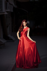 Young Beauty Famous Woman In Red Dress Outdoor