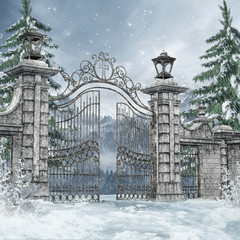 Cmentarna brama w zimowym lesie