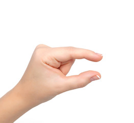 isolated woman hand shows pinch to zoom or holding object